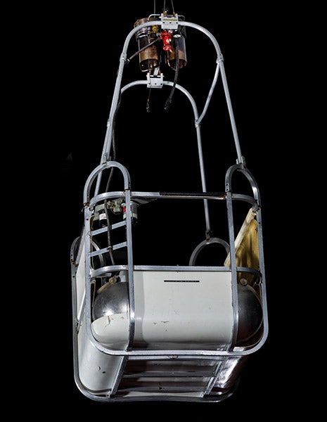 Light-weight gondola with propane burners, built by Ed Yost and Raven Industries, 1972, on display at the Steven F. Udvar-Hazy Center in Chantilly, VA, part of the National Air and Space Museum, Smithsonian Institution (airandspace.si.edu)