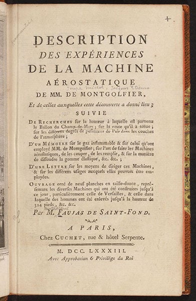 Title page, Description des expériences de la machine aérostatique de MM. de Montgolfier, by Barthélemy Faujas-de-Saint-Fond, vol. 1, 1783-84 (Linda Hall Library)