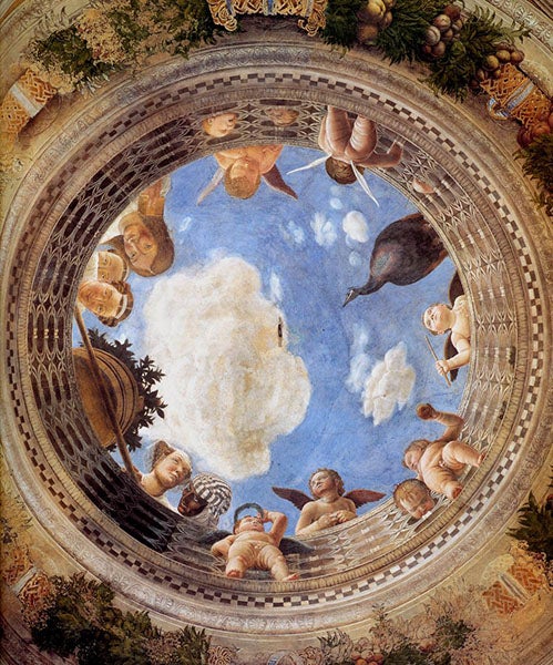 Detail of seventh image, with the illusionary oculus and putti, Andrea Mantegna, Ducal Palace, Mantua (wga.hu)