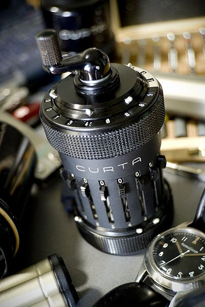 A CURTA calculator, modern photograph (Wikimedia commons)