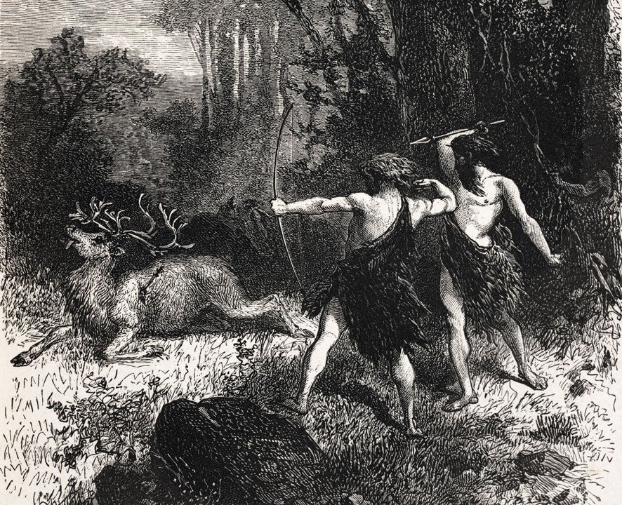 Paleolithic hunters chasing a reindeer. Image source: Figuier, Louis. Primitive Man. London: Chapman and Hall, 1870, p. 98.
