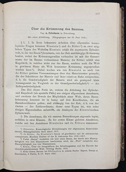 First page of "Über die Krümmung des Raumes," (“On the curvature of space”), by Alexander Friedmann, " Zeitschrift für Physik, vol 10, 1922 (Linda Hall Library).