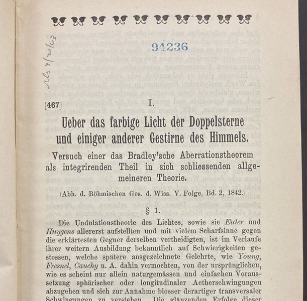 First page of reprint of “Ueber das farbige Licht der Doppelsterne,” by Christian Doppler, originally published in 1842, in Abhandlungen von Christian Doppler, ed. by H.A. Lorentz, 1907 (Linda Hall Library)