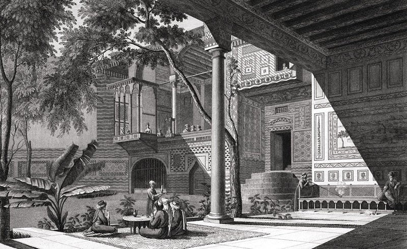The courtyard of the palace of Qasim Bey, one of two palaces in Cairo that housed the Institute of Egypt, Description de l’Égypte.  État modern.  Planches, vol. 1, pl. 51, 1809-1828 (Linda Hall Library)