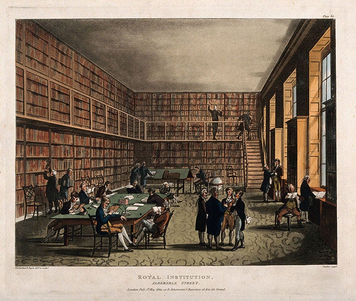 The Library of the Royal Institution, hand-colored aquatint by J.C. Stadler, 1800, after A.C. Pugin and T. Rowlandson, Wellcome Institute (wellcomecollection.org)