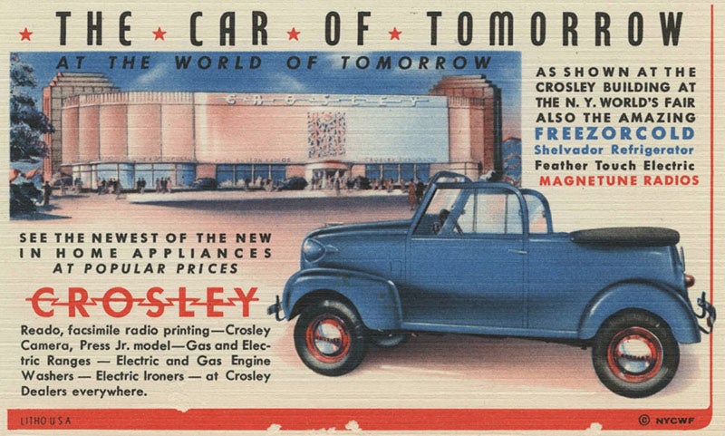Promotional postcard featuring some of the products the Crosley Corporation displayed at the 1939 New York World’s Fair, including the company’s compact “car of tomorrow” (Fresno State Library)
