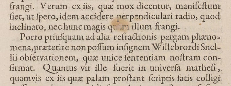 Passage where Willebrord Snell is advanced as the discoverer of the law of refraction, in Isaac Vossius, De lucis natura, 1662 (Linda Hall Library)