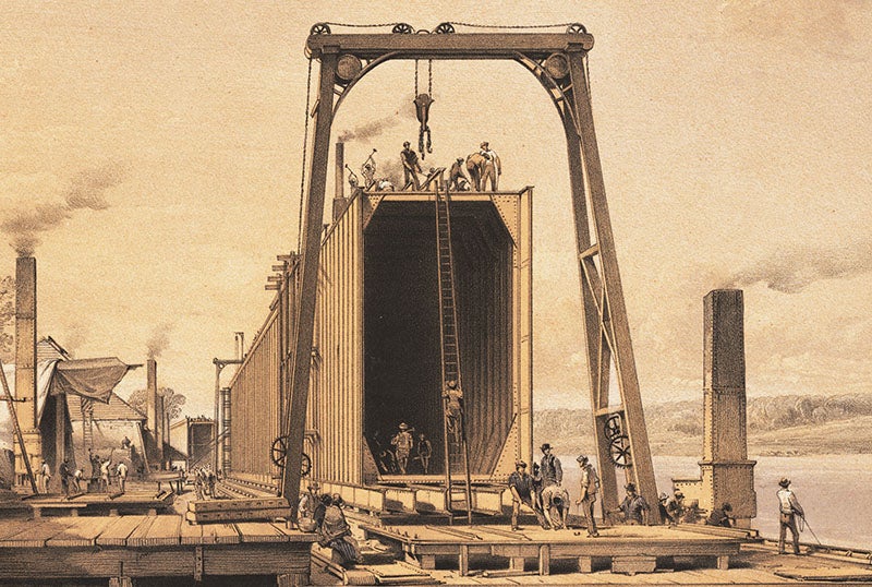 Detail of Britannia tube on shore, <i>The Britannia and Conway Tubular Bridges</i> (1850) (Linda Hall Library) 