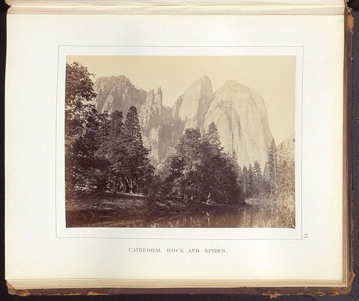 Cathedral Rock and Spires, photograph by Carleton E. Watkins, albumen print, uncropped, in The Yosemite-Book, by Josiah D. Whitney, 1868 [1869] (Linda Hall Library)