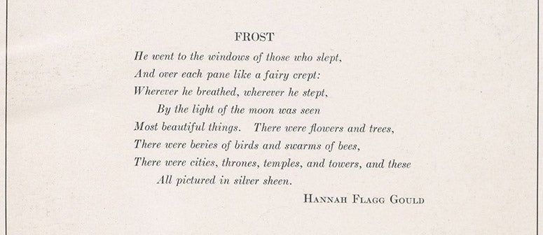 Stanza from the poem “The Frost,” by Hannah Flagg Gould, detail of plate 227, Snow Crystals, by Wilson A. Bentley and William J. Humphreys, 1931 (Linda Hall Library)