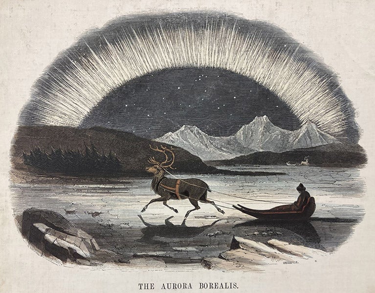 “Aurora Borealis,” hand-colored wood engraving by Josiah Wood Whymper, [Natural Phenomena], plate 2, 1846 (Linda Hall Library)