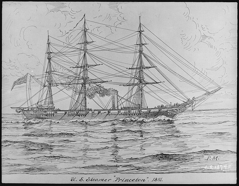USS Princeton, a steam screw sloop, designed and built by John Ericsson in 1843, engraving, 1851 (Wikimedia commons)