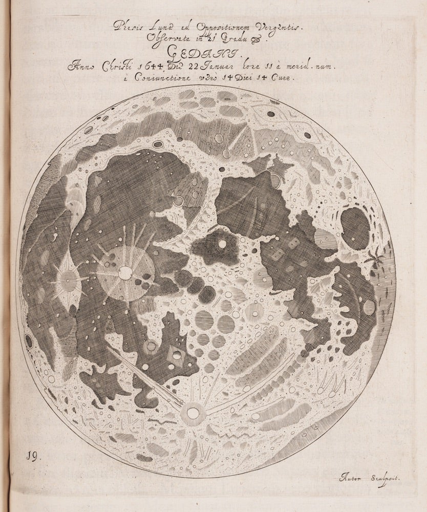 Hevelius’ engraving of a full Moon. Image source: Hevelius, Johannes. Selenographia: sive, Lunae descriptio. Gdansk: Autoris sumtibus, 1647. View Source