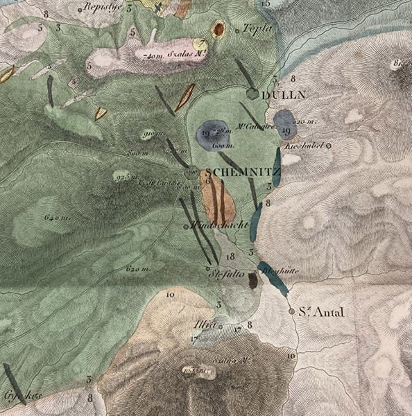 Geological map of the area around Schemnitz (now Banská Štiavnica), Kingdom of Hungary (now Slovakia), detail of much larger hand-colored engraved map, Voyage minéralogique et géologique, en Hongrie: pendant l'année 1818, by François Beudant, vol. 4, 1822 (Linda Hall Library)