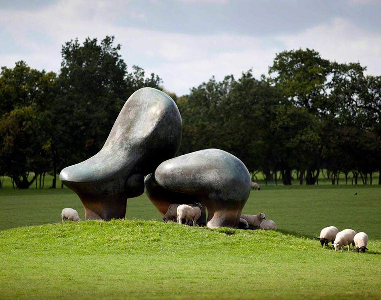 Sheep Piece, bronze sculpture by Henry Spencer Moore, cast 0, 1971-72, sculpture garden at Perry Green, Hertfordshire, England, managed by the Henry More Foundation (artuk.org)