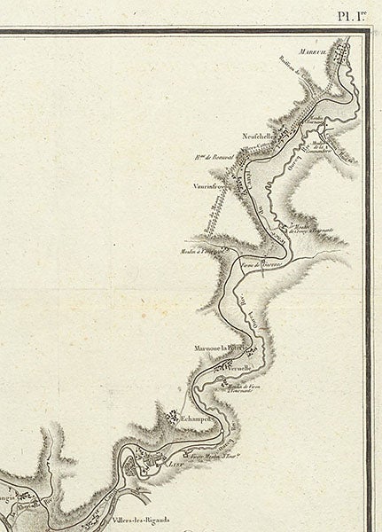 Origin of the Canal de l’Ourcq at Mareuil on the Ourcq river and the first 20 miles of its route, detail of second image (Linda Hall Library)