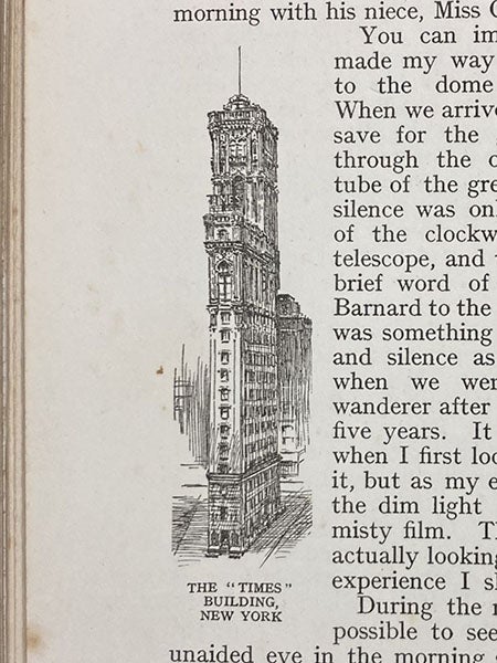 The Times Tower, New York City, where Mary Proctor observed Comet Halley, May 1-18, 1910, wood engraving in The Children’s Book of the Heavens, by Mary Proctor, 1924 (Linda Hall Library)