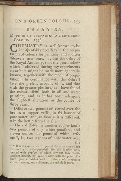 Beginning of Scheele’s essay, “Method of preparing a new green colour, 1778,” in The Chemical Essays of Charles-William Scheele, trans. by Thomas Beddoes, 1786 (Linda Hall Library)