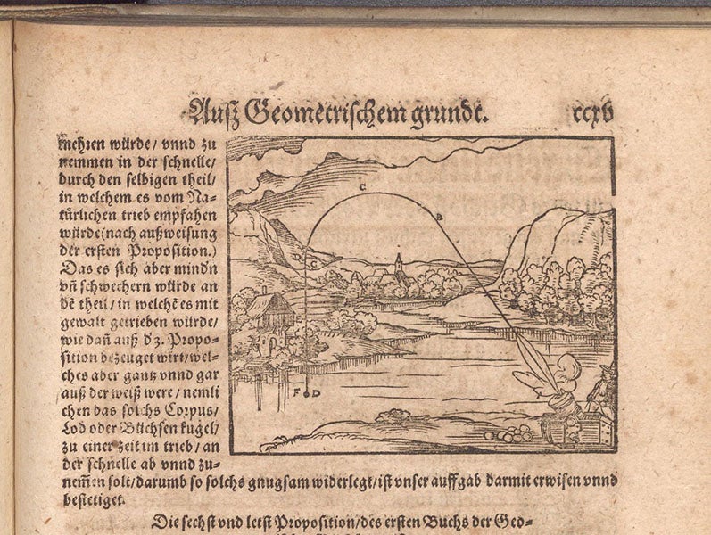 Projectile motion according to the impetus theory of Albert of Saxony, with a transitional curved path where impetus bleeds away and gravity takes over, woodcut in Bawkunst, oder, Architectur aller fürnem̄sten, by Walther Ryff, 1582 (Linda Hall Library)