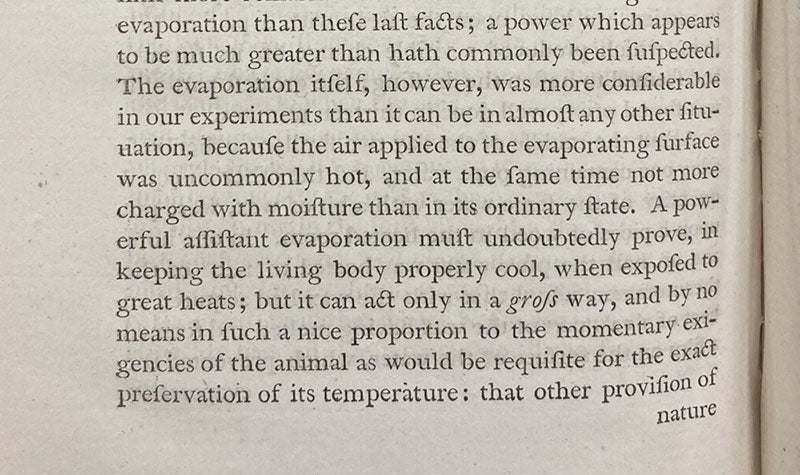 Paragraph revealing the role of perspiration in cooling, “Experiments and Observations in a heated room,” by Charles Blagden, Philosophical Transactions of the Royal Society, vol. 65, 1775 (Linda Hall Library)