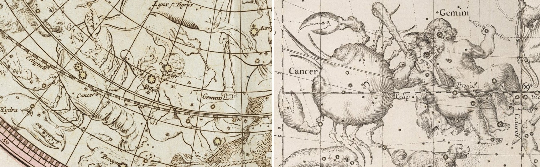 L: Cancer and Gemini. Image source: Doppelmayr, Johann Gabriel. Atlas coelestis. Nuremberg: Heredum Homannianorum, 1742.

R: Cancer and Gemini. Image source: Pardies, Ignace Gaston. Globi coelestis. Second edition. Paris: Chez Guillaume Vallet, 1690.
