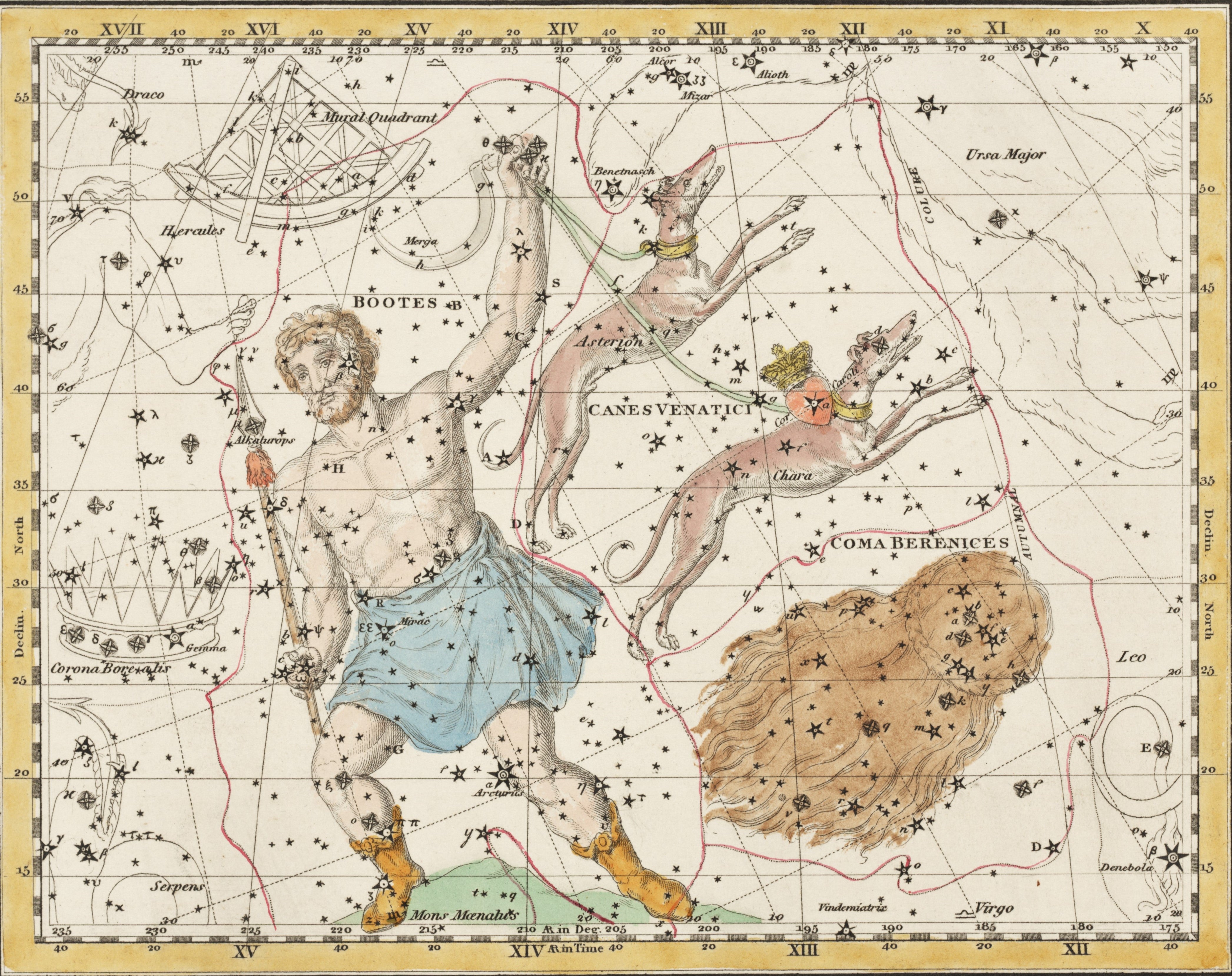Bootes, Canes venatici, and Coma berenices. Image source: Jamieson, Alexander. A Celestial Atlas: Comprising a Systematic Display of the Heavens in a Series of Thirty Maps. London: G. & W.B. Whittaker..., 1822, pl. 7.