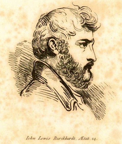 Portrait of Johann Ludwig Burckhardt, etching by Angelica Clarke after a drawing by Joseph Slater, frontispiece to Burckhardt’s Travels in Nubia, 1819 (Wikimedia commons)