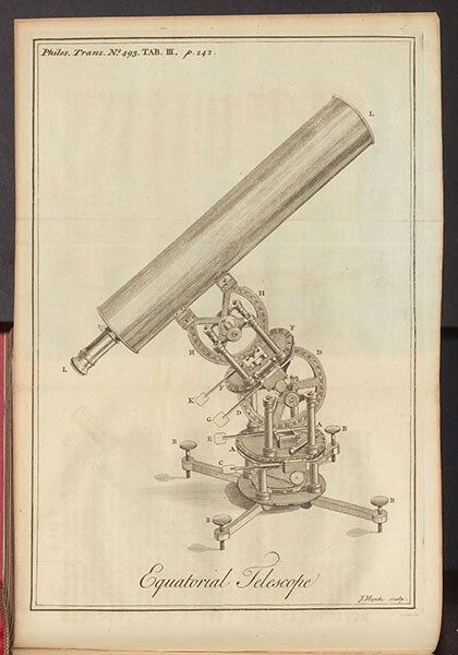 Equatorial Gregorian reflecting telescope, by James Short, engraving accompanying Short’s article in the Philosophical Transactions of the Royal Society of London, vol 46, no. 493, 1749 (Linda Hall Library)