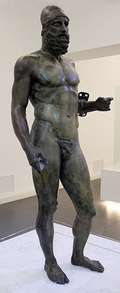 Riace B bronze, full statue, National Archaeological Museum of Magna Graecia, Reggio Calabria, Italy (Wikimedia commons)