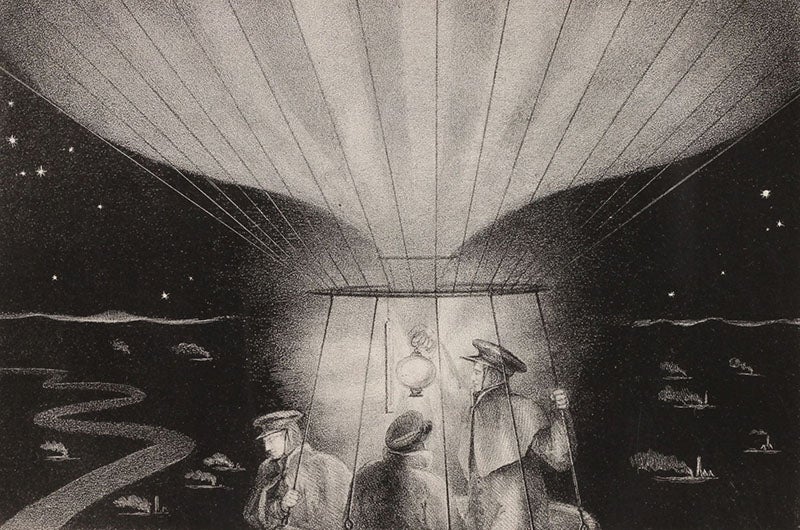 Liège at night as seen from the gondola of the Vauxhall, lithograph in Aeronautica, by T. Monck Mason, 1838 (Linda Hall Library)