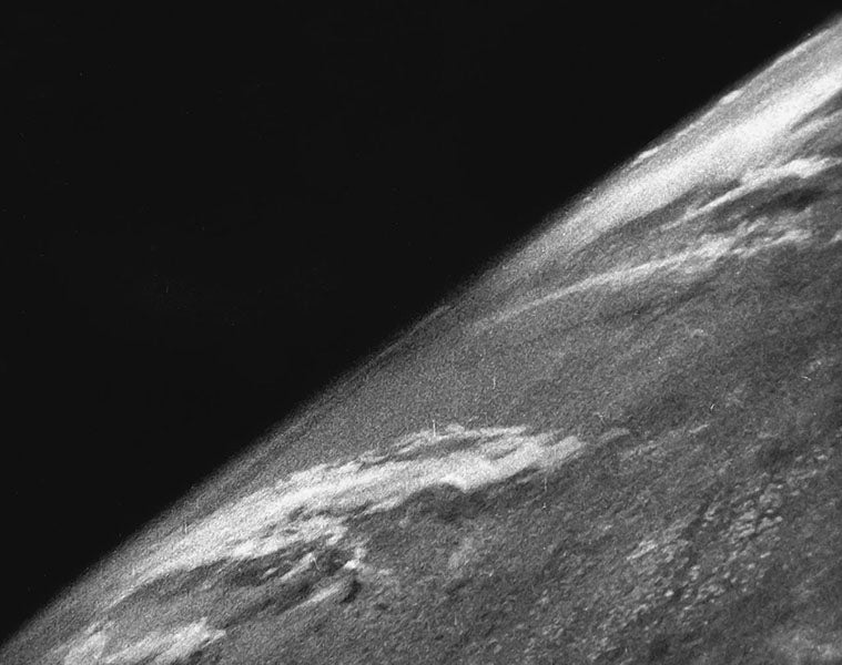First photo of Earth from space, taken by a Clyde Holliday camera on a V-2 rocket, Oct. 24, 1946, from an altitude of 65 miles (Wikimedia commons)