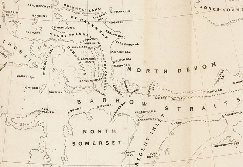 Detail of a contemporary map of the Arctic archipelago, showing the area around Beechey Island, engraving in The U.S. Grinnell Expedition in Search of Sir John Franklin, by Elisha Kent Kane, p. 17, 1854 (The Linda Hall)