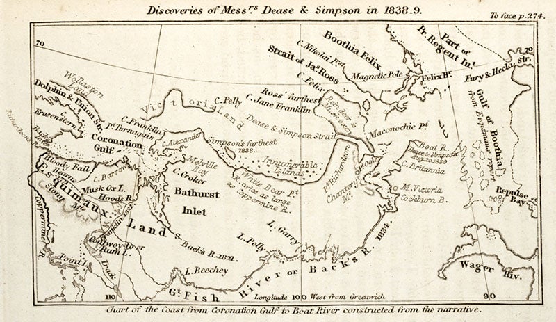 Map, “Discoveries of Messrs. Dease & Simpson in 1838-9,” Journal of the Royal Geographical Society of London, vol. 10, p. 274, 1841 (Linda Hall Library)