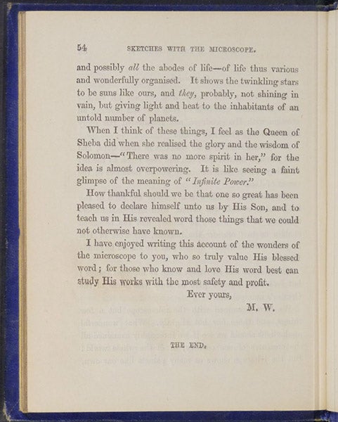 Last page of text, signed by “M.W.”, Sketches with the Microscope: In a Letter to a Friend, by Mary Ward, p. 44, 1857 (Linda Hall Library)