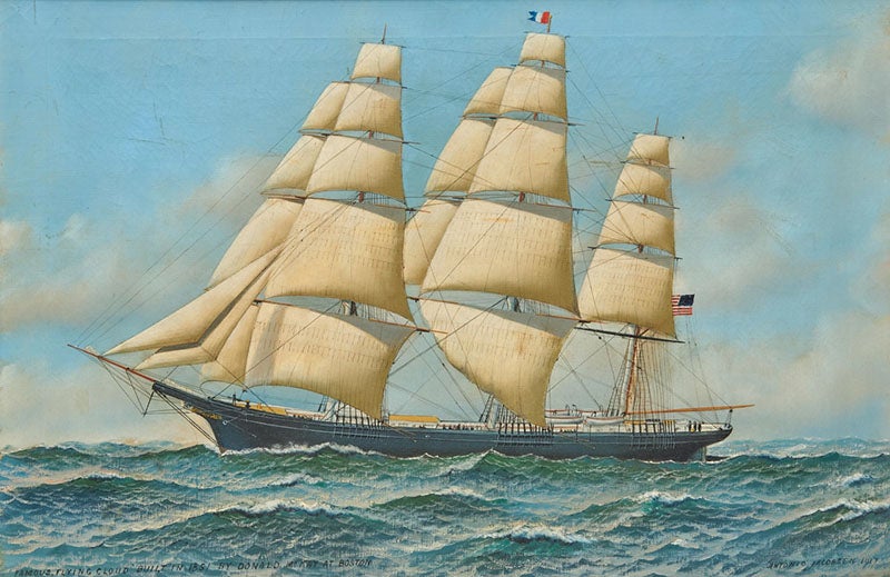 The Flying Cloud, extreme clipper ship, designed and built by Donald McKay, launched 1851, painting by Antonio Jacobsen from a Currier & Ives print, 1851 (Wikimedia commons)