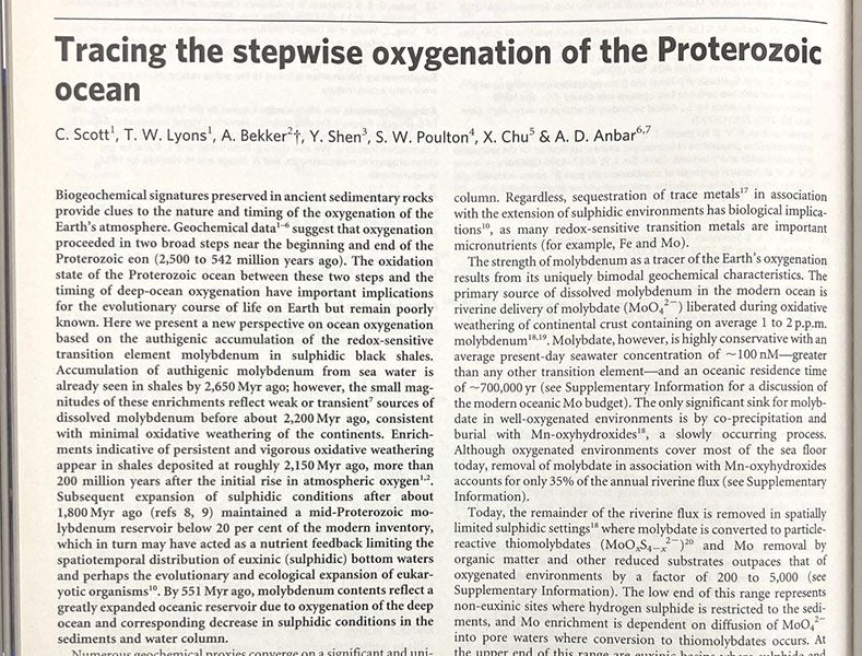 Title and abstract, "Tracing the stepwise oxygenation of the Proterozoic ocean," by C. Scott et al., Nature, vol. 452, p. 456, 2008 (Linda Hall Library)