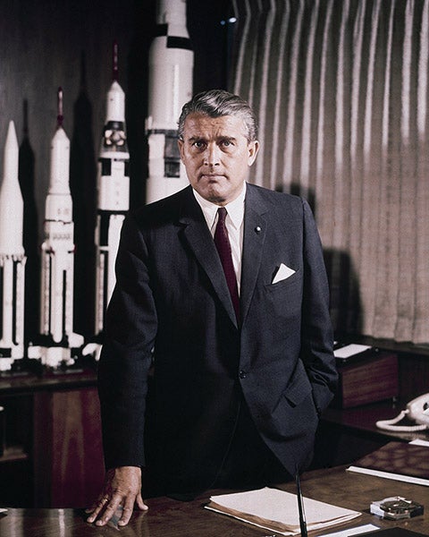 Wernher von Braun in his office at the Marshall Space Flight Center, Huntsville, Alabama, photograph, 1964 (Wikimedia commons)