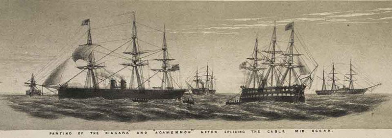 USS Niagara (left) and HMS Agamemnon, just after splicing their two cables in mid-Atlantic and heading for Newfoundland and Ireland, late July, 1858, detail of a tinted lithograph in Laying the Atlantic Telegraph Cable from Ship to Shore, by John R. Isaac, 1857-58 (Linda Hall Library)