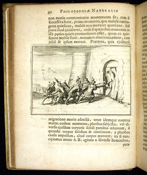 Battering ram, demonstrating Descartes’ principle of inertia, text engraving in Wolferd Senguerd, Philosophia naturalis, 1685 (Linda Hall Library)