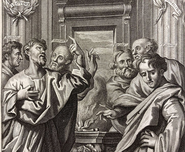 Detail of fourth image, with three theists at left (Aristotle, Pythagoras, Socrates), and three atheists at right (Strato, Anaximander, Epicurus), frontispiece to The True Intellectual System of the Universe, by Ralph Cudworth, 1678, (Linda Hall Library)