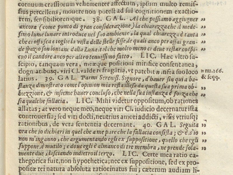 Detail of a page showing quotations from Galileo’s letter to Prince Leopoldo de’ Medici, and Liceti’s replies, De lunae subobscura luce prope coniunctiones, by Fortunio Liceti, 1642 (Linda Hall Library) 