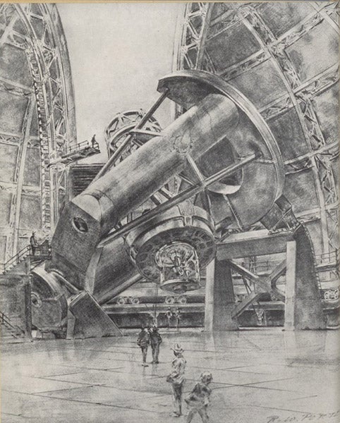 The 200-inch telescope at Mount Palomar, looking south, drawing by Russell W. Porter, frontispiece to David Woodbury, The Glass Giant of Palomar, 1944 (Linda Hall Library)