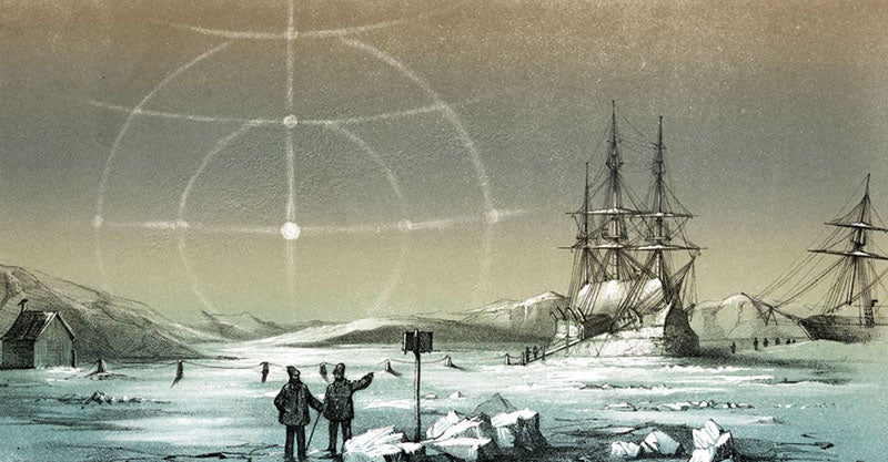 HMS <i>Assistance</i> and <i>Pioneer</i> frozen in at Northumberland Sound, under the light of a paraselene, or lunar halo, chromolithograph, in Edward Belcher, <i>The Last of the Arctic Voyages</i>, 1855 (Linda Hall Library)