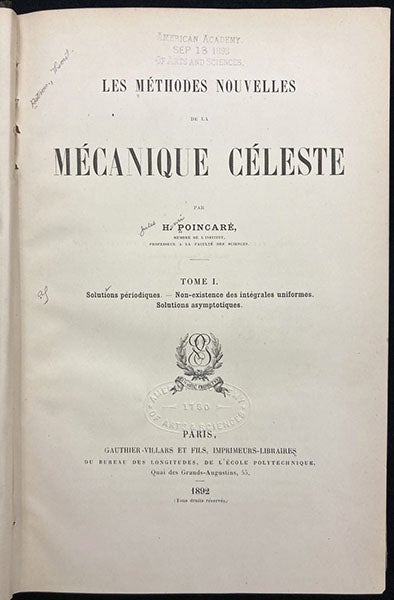 Title page, Les méthodes nouvelles de la mécanique céleste, by Henri Poincaré, 3 vols., 1892-99 (Linda Hall Library)