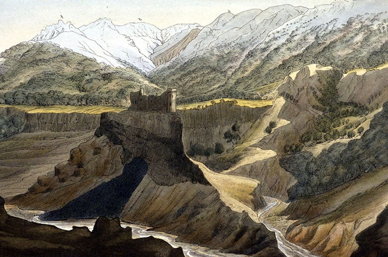 Eroded basalt and lava valleys in Auvergne, detail of hand-colored engraving, George Poulett Scrope, Memoir on the Geology of Central France, 1827 (Linda Hall Library)