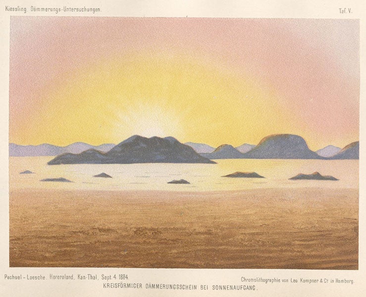 Circular twilight glow at sunrise, chromolithograph after painting by Eduard Pechuel-Loesche, in Untersuchungen über Dämmerungserscheinungen zur Erklärung der nach dem Krakatau, by Johann Kiessling, plate 5, 1888 (Linda Hall Library).