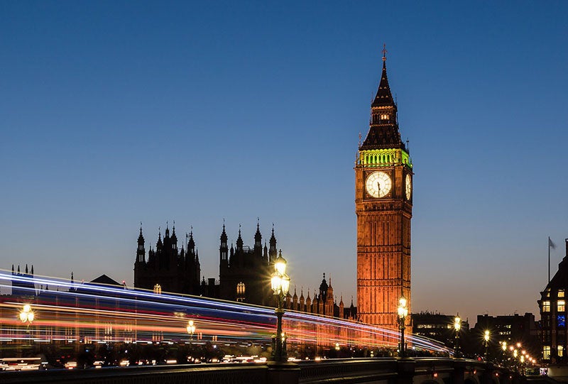 Elizabeth Tower, its clock, and the Palace of Westminster at sunset, recent photograph (Wikimedia commons)
