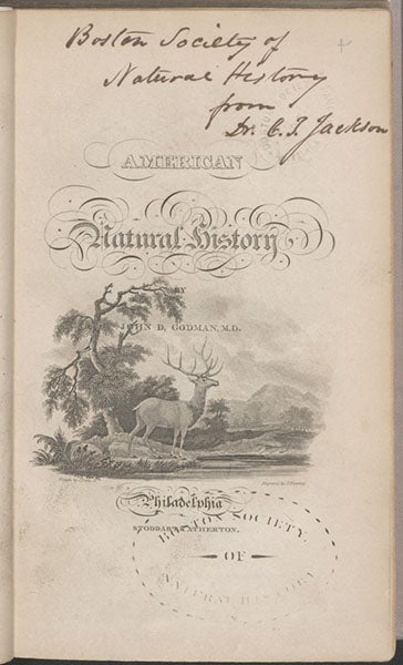 Title page, American Natural History, by John Godman, vol. 1, 1831; title-page vignette by James Peale (Linda Hall Library)
