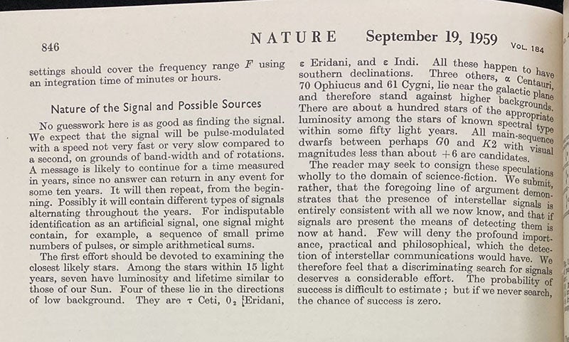 Last paragraph of “Searching for interstellar communications,” by Giuseppe Cocconi and Philip Morrison, where they conclude by saying: “The probability of success is difficult to estimate; but if we never search, the chance of success is zero,” in Nature, vol. 184, p. 846, Sep. 19, 1959 (Linda Hall Library)