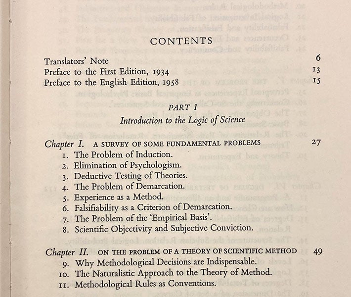 Table of Contents for Part I, with mention of falsifiability and demarcation, The Logic of Scientific Discovery, by Karl Popper, 1959 (Linda Hall Library)